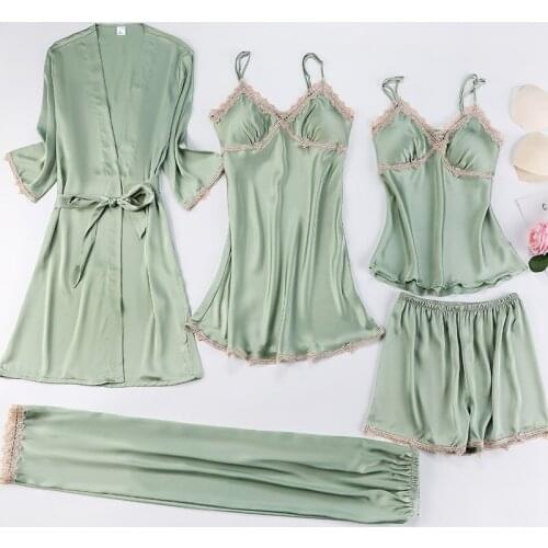 Womens Pajamas Satin Pyjamas Sexy Lace Pajama Set Ice Silk 5Pcs Pajama Set Nightie Sleepwear Home Clothes