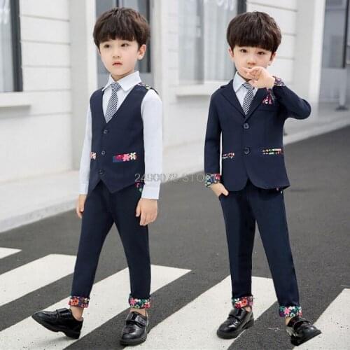 Kids Jacket Vest Pants Tie 4PCS Suit for Weddings Flower Boys Formal Tuxedo Dress Children Prom Party Performance Costume