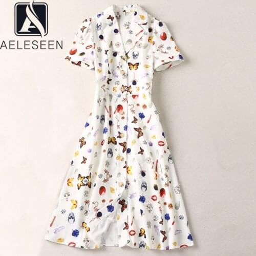 AELESEEN Office Ladies Women Dress 2021 Summer Colorful Butterfly Lipstick Print Single-Breast Long Elegant Dress