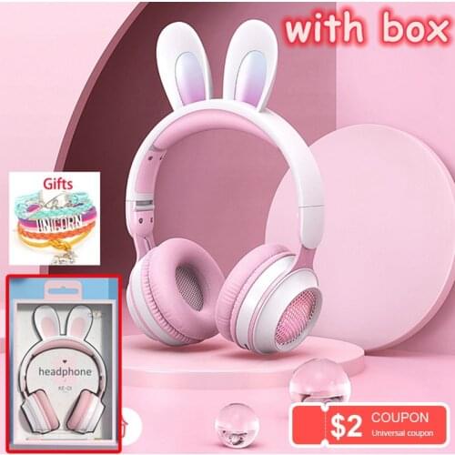 Rabbit Ear Wireless Headphones with Mic, RGB Light Bluetooth Earphone for Girls Childrens Stereo Music fone Gaming Headset Gift