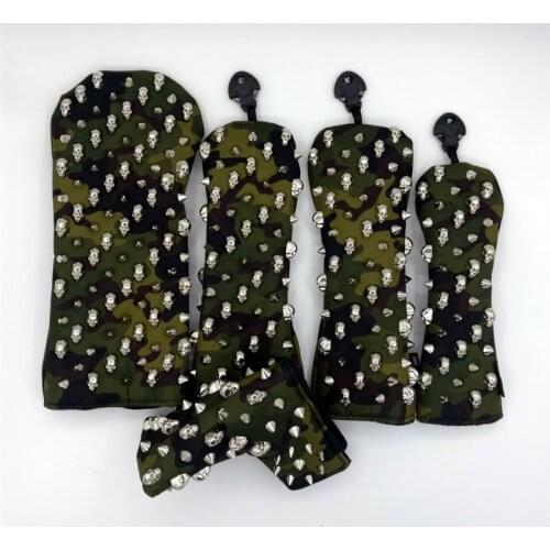 [Silver Skull Rivets] Camouflage Green Golf Headcovers Golf Driver Fairway Woods Hybrid Putter Covers Complete Set Novelty Gift