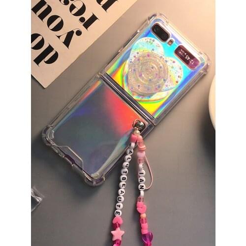 For Samsung zflip phone case laser transparent f7070 folding screen bracket hanging rope f7000 protective cover