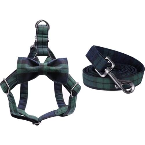 Cotton Green Plaid Dog Harness with Bowtie and Basic Dog Leash Adjustable Buckle Pet Supplies