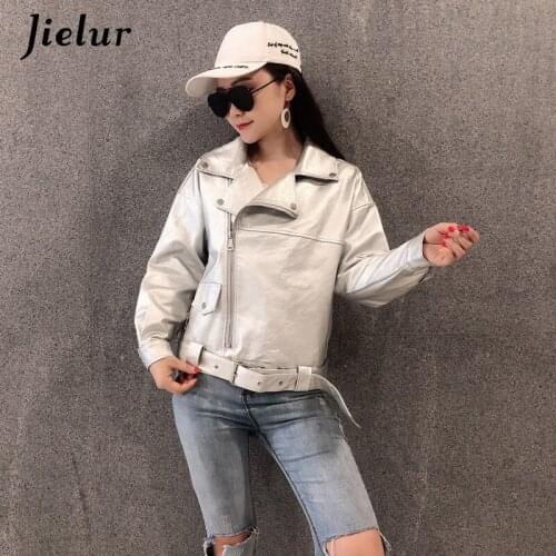 Jielur 2020 Autumn New Women Leather Jacket Soft PU Cool Solid Color Winter Coat Femme Short Zipper Long Sleeve Jacket M-L