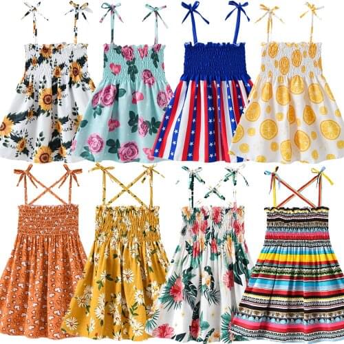 2021 New Summer Girls Floral Dress Suspenders Ruffled Bohemian Beach Casual Princess Dress Girls Clothing 30 Styles