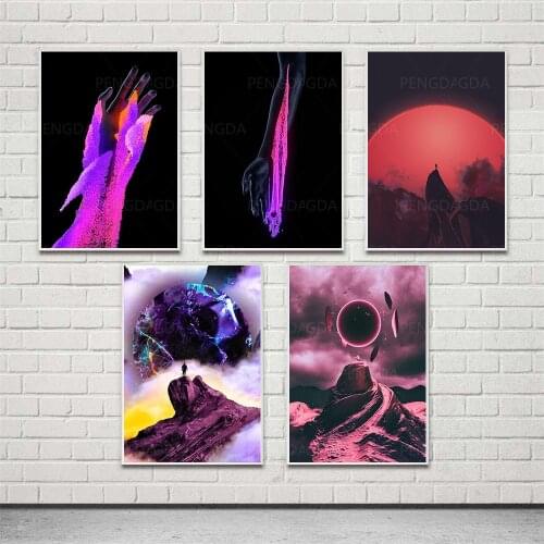 Print Decor Home Purple Planet Mountain Night Scene Modular Canvas Painting Living Room Wall Artwork Poster Picture Modern Frame