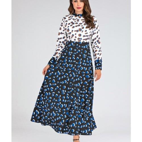Muslim Dress Stand Collar Leopard Print Stitching Contrast Dress Middle East Skirt