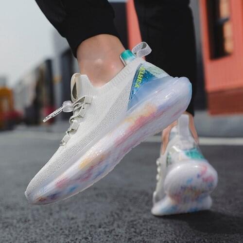 Autumn New Mens Shoes Popcorn Shoes Knitting Flies Mesh Coconut Shoes Lightweight Running Shoes Jelly Transparent Sole Sneakers