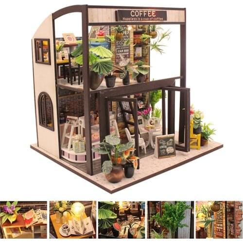 Diy House Miniature Dollhouse Kit European Style Cafe With Light 3D Wooden Model Christmas Gift Kids Toys Doll House Furniture