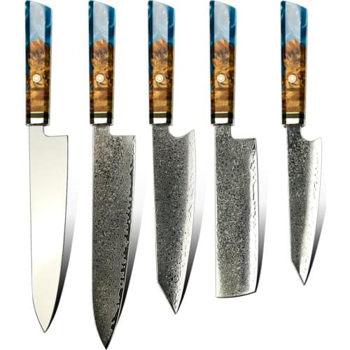 AMBER Chefs Knife set 67 Layers Japanese Damascus Steel Chef Knife 5pcs knife set Damascus Kitchen Knife epoxy resin Solidified