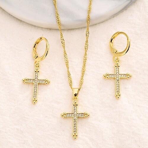 Gold cz stone cross Pendant Necklace chain Earrings sets Jewelry Gold Christian jewelry sets for women girl Best Jesus Gifts