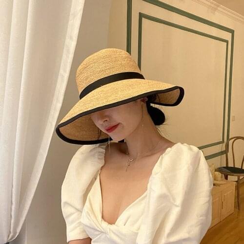 New Fashion Wide Brim Sun Hats Black Bowknot Bucket Hat Foldable Beach Bonnet Enfant Cap Straw Raffia Hat For Women Summer Bap