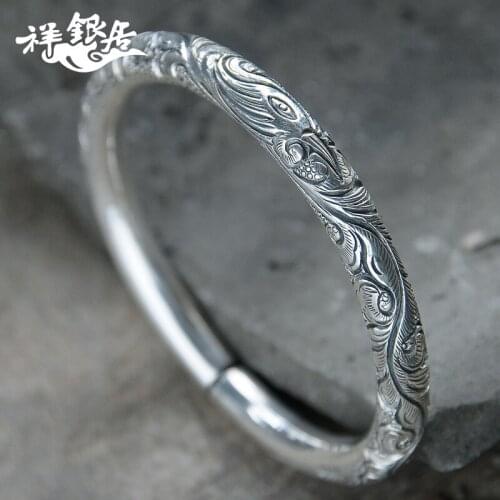 Original handmade 999 foot silver lady Phoenix smooth face round bar opening national style pure silver bracelet