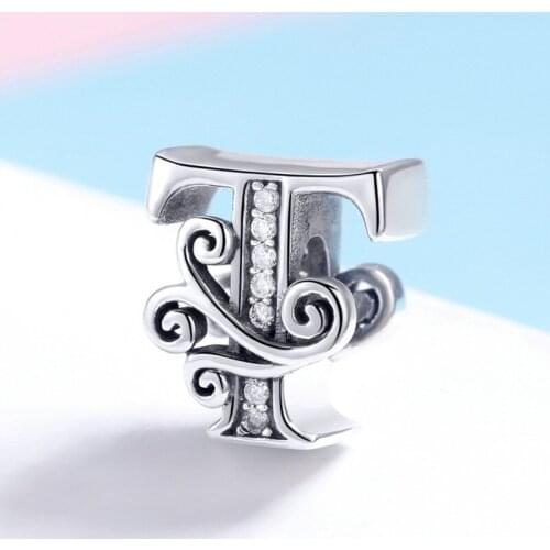 Pandach 925 Sterling Silver Name Letter Alphabet T Charm Bead Fit Original Pandora Bracelets Pendant Jewelry Making C030-T
