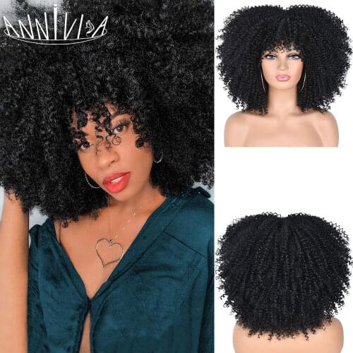 Short Hair Afro Kinky Curly Wigs With Bangs For Black Women African Synthetic Ombre Glueless Cosplay Wigs High Temperature 14"