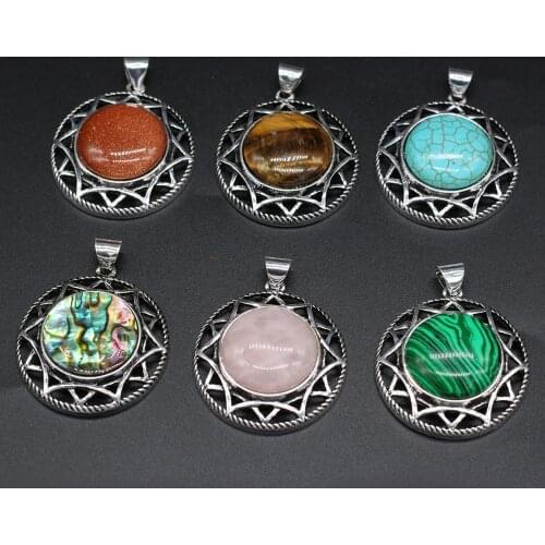 Natural Stone Rose Pink Quartz Pendant Vintage Alloy Abalone Shell Charms for DIY Necklace Jewelry Making Findings Gift 40x40mm