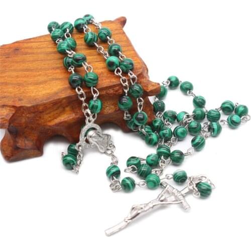 Regilious Green Beads Catholic Malachite Cross Pendant Rosary Necklace Fashion Jewerly Gifts For Women