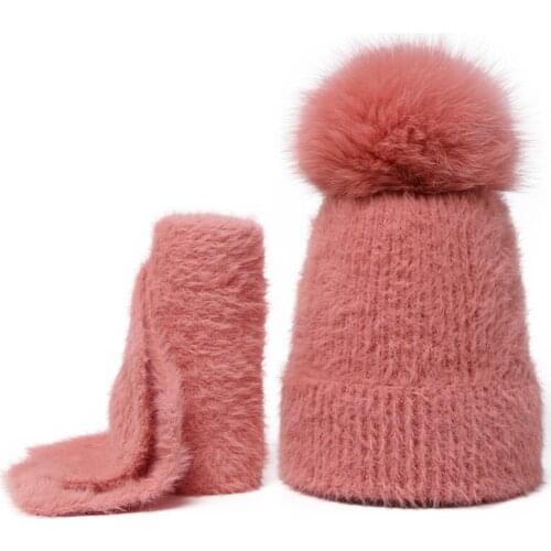 Beanie Hat Scarf Set Solid Color For Female And Children Real Fox Fur Pompon Skullies Caps Winter Warm Soft Knitted Velvet Hat