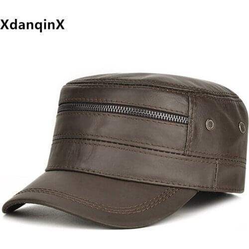 XdanqinX New Natural Cowhide Leather Caps Men Winter Warm Hat Genuine Leather Cap Military Hats Adjustable Size Mens Flat Cap