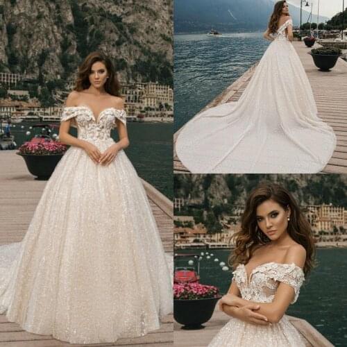 2020 Wedding Dresses Off Shoulder Lace Appliques Beading Bridal Gowns Custom Lace-up Back Sweep Train A Line Wedding Dress