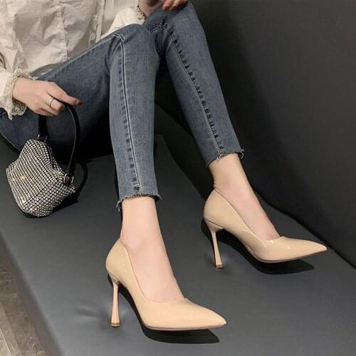 Patent leather 8CM high heels new solid color shallow mouth high heel single shoes sexy pointed toe womens shoes large size 40