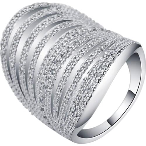 UFOORO Silver Color White Crystal Ring Big Wide Multi Row Stacked Trendy Jewelry Luxury Female Finger Ring For Party Wedding