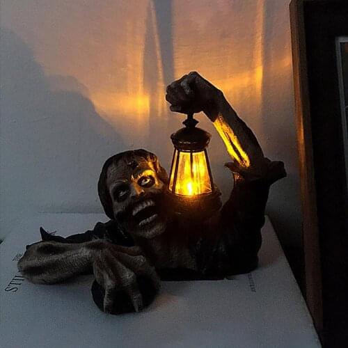 Hideous Zombie Garden Statue Holding Lamp Undead Zombie Figurine Desktop Horror Zombie Sculpture Halloween Garden Home Decoratio