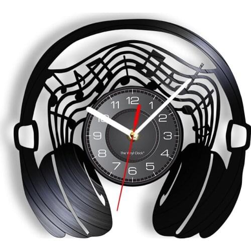 Music in Headphones Vinyl CD Disc Wall Clock Headset Musical Notes Record Clock Earpiece Earphone Music Studio Enjoy Time Decor