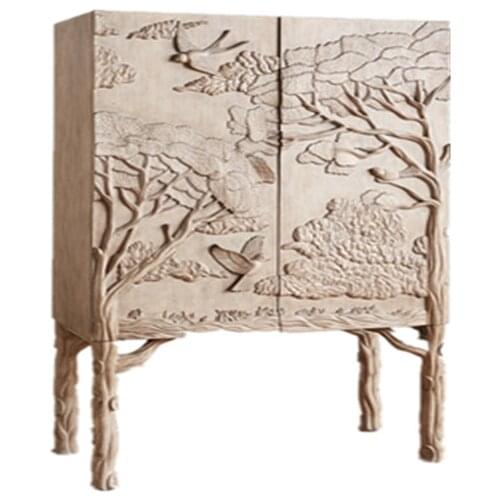 Wood Carved Wine Cabinet American Retro Distressed Sideboard Cabinet Display Cabinet Villa Living Room Locker Curio Cabinet
