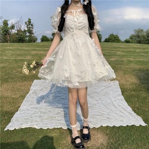 Japanese Kawaii Sweet Lolita Princess Tulle Butterfly Embroidery Dress Mori Girl Glitter Fairy Dresses 2021 Summer Women Party