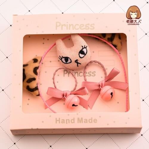 Fabric Handmade Kitten Ears Leopard Print Ears Childrens Headband Bell Hair Ring Hair Accessories Combination Headband Gift Box