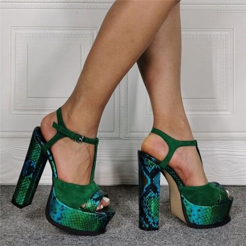 Chic Ladies Green Suede Patchwork Sandals Ankle Strap Pump Shoes Woman Party Heels Summer Fashion Snake Platform Thick Heels
