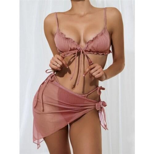 Women Split 3PCS Swimsuits Solid Color Ruffles Triangle Bra+Tie Up Panties+Mesh Cover Ups Scarfs Sexy Beach Swimwear Bikini Set