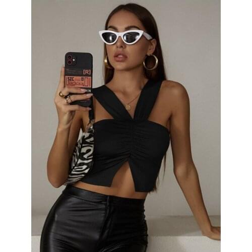 Women’s Tube Top Y2k E-Girls Solid Color Vest Sexy Pleated Irregular Split Exposed Navel Sleeveless Crop Tops Womens T-shirt