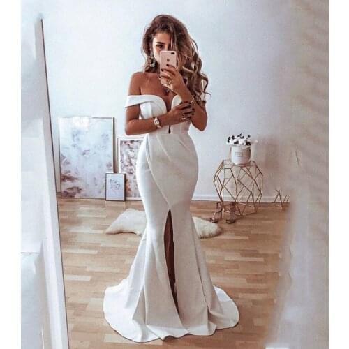 New Boho Mermaid Long Satin Wedding Dress 2021 Front Split Off The Shoulder Sexy Bridal Gown V Neck Vestidos De Novia