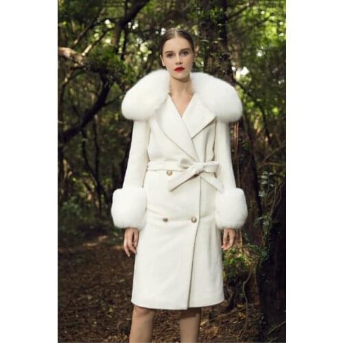 Elegant Ladies Casual Mid Long Coat Womens Winter Jacket Fashion 2020 Double-breasted Genuine Fox Fur Collar Cashmere Wool Coat