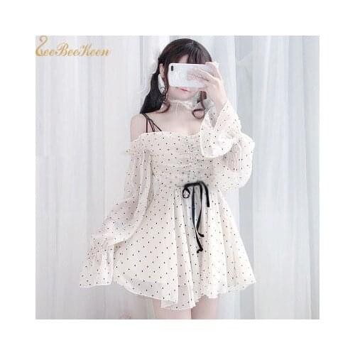 Adult Lolita Dress Sling off-Shoulder Cosplay Costume Women Summer Chiffon Clothes Cute Girls Polka Dot Dress For Girl