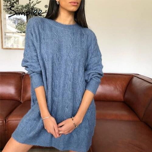 Simplee Causal blue autumn winter women knitted dress Elegant o-neck long sleeves straight dress Fashion basic sweater dress