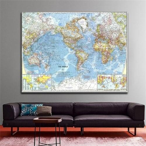 Frameless World Atlases Map 1960 Painting The Political World Map Wall Sticker Posters and Print for School Office Home Supplies