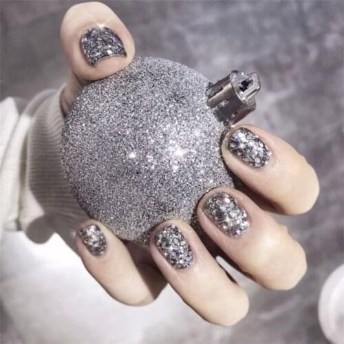 Shining sliver pure color with big sequins false nails 24pcs french cute fake nails bride lady full nail tips short size