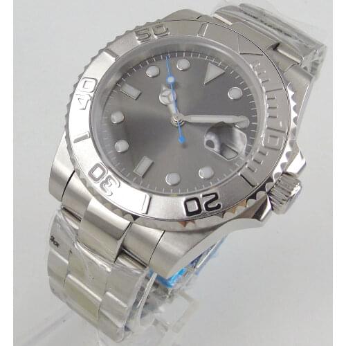 40MM Gray Sterile Dial Business 21 Jewels MIYOTA 8215 Magnifier Clear Glass Back Bezel Insert Automatic Mens Watch
