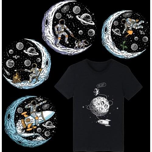 DIY Moon Astronaut Iron On Patches For Clothing Heat Transfer Vinyl Cartoon Universe Space Stickers Patches On Clothes Badge