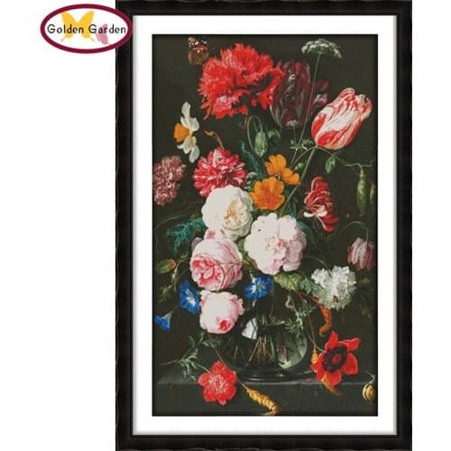 GG The Peony Vase Flower Chinese Count Cross Stitch Kit Embroidery Handicrafts Crafts Joy Sunday Cross Stitch Set for Home Decor