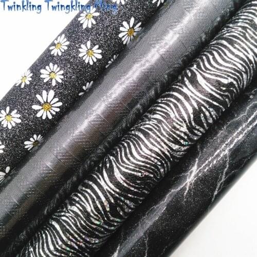 Zebrad and Daisy Printed Glitter Leather, Smooth Patent Synthetic Faux leather 21x29CM Twinkling Ming KM464