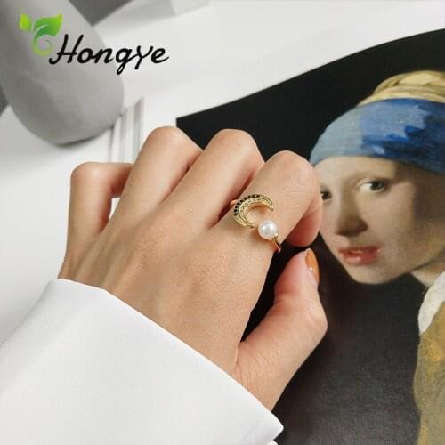 Hongye 1 Piece New Moon Ladies Rings Blue Zircon Decorative Adjustable Natural Pearl Ring Female Chic Finger Jewelry Gold