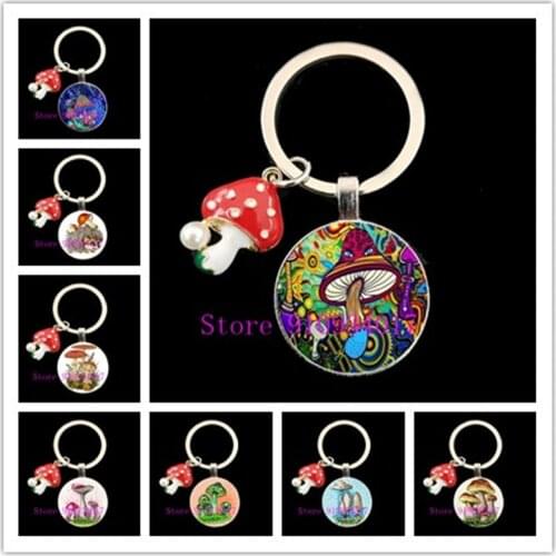 Psychedelic Mushroom Round Glass Keychain Plant Art Pendant Natural Woodland Hippie Jewelry Glass Cabochon Pendant Keychain
