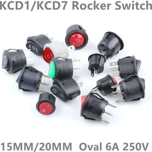 10PCS KCD1 round opening 15MM/20MM KCD7 oval switch 4/3/2 Pin 2gear 3gear rocker switch withlight 6A 250V ON-OFF ON-OFF-ON