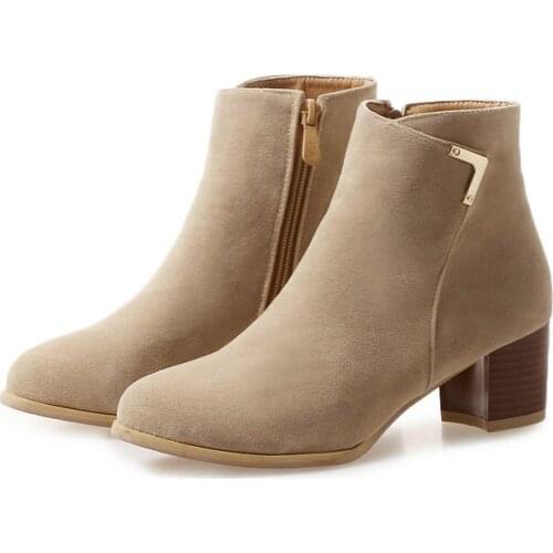 New Winter Faux Suede Ladies Short Boots Fashion Zipper Square High Heel Ankle Boots Spring Autumn Belt Buckle Womens Shoes