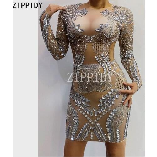 Silver Rhinestone Spandex Dress Bar Singer Nightclub Women Dance Dress Womens Birthday Celebrate Stone Short Dress