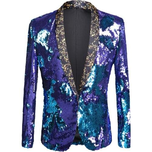 Mens Shining Plus Size Handmake Blue Blazer DJ Singers Nightclub Costume Stylish Suit Jacket Stage mens suits sequined jacket